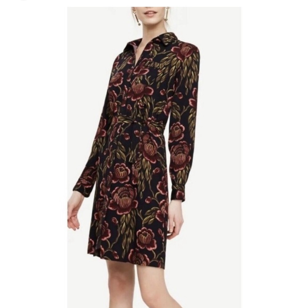 Ann Taylor Navy Blue Floral Print Tie Belt Shift Shirt Dress Long Sleeve M NWT